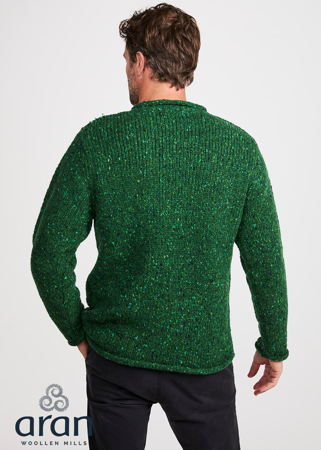 Donegal Roll Neck Fisherman Sweater - Green Fleck | 100% Wool
