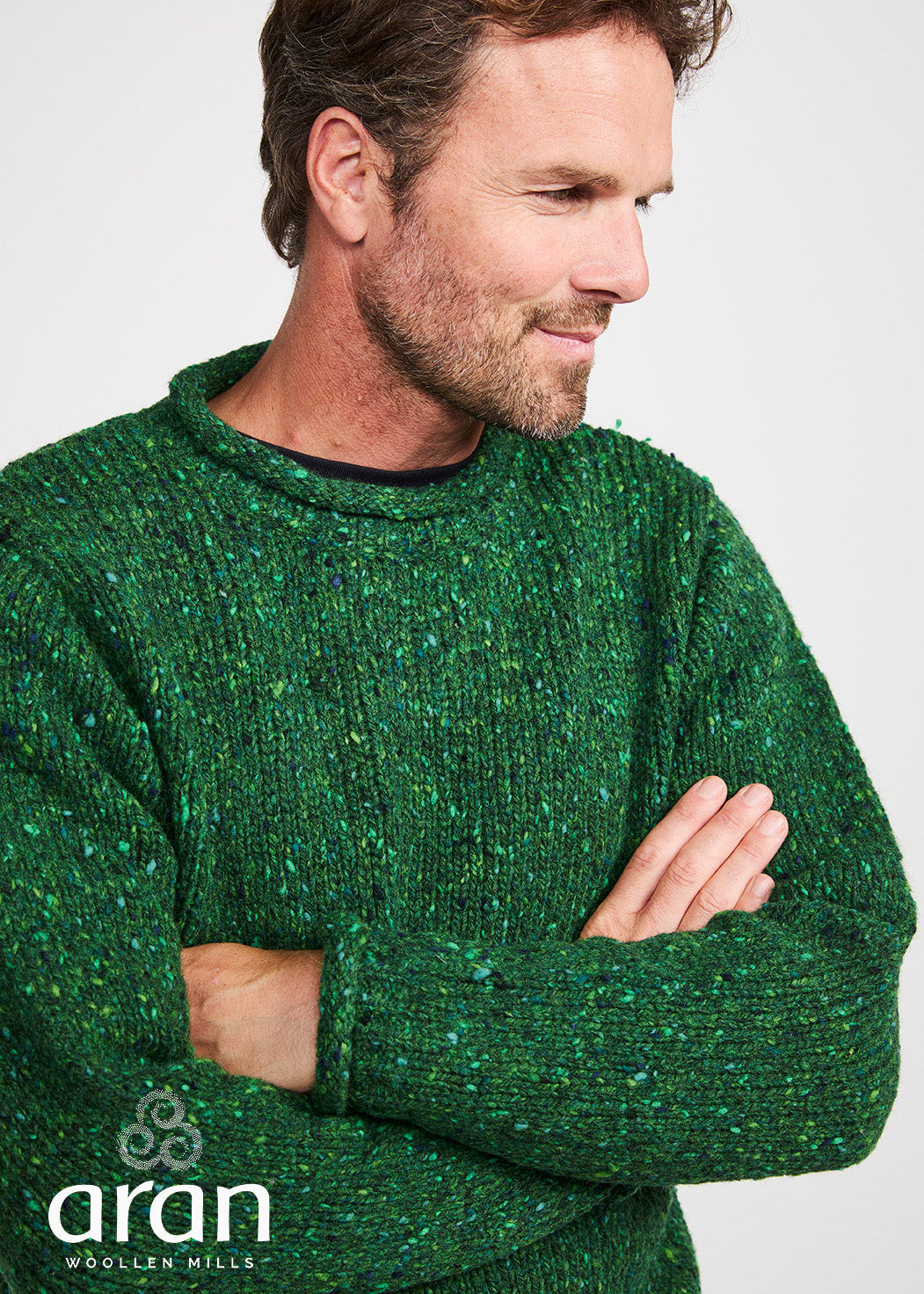 Donegal Roll Neck Fisherman Sweater - Green Fleck | 100% Wool
