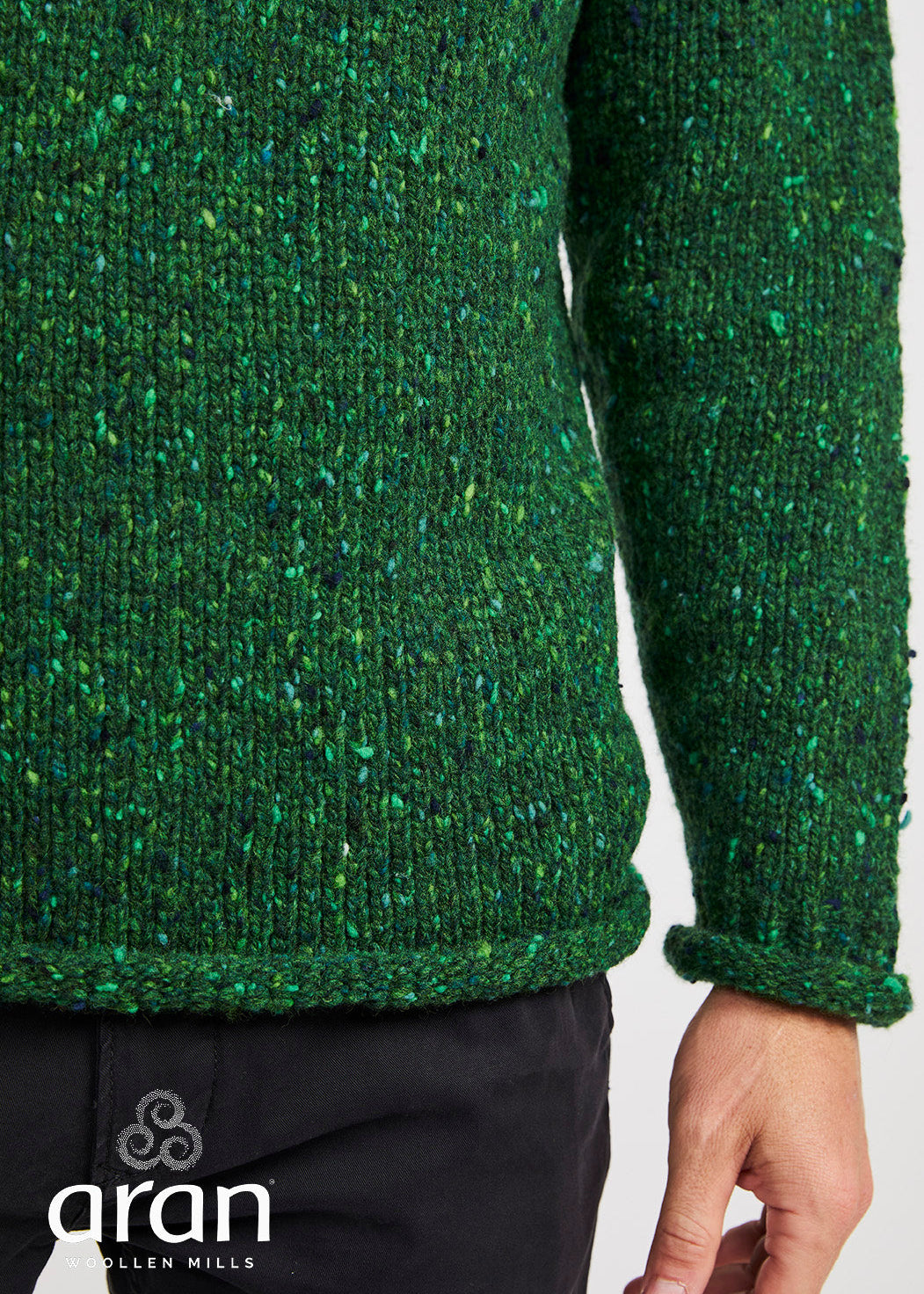 Donegal Roll Neck Fisherman Sweater - Green Fleck | 100% Wool
