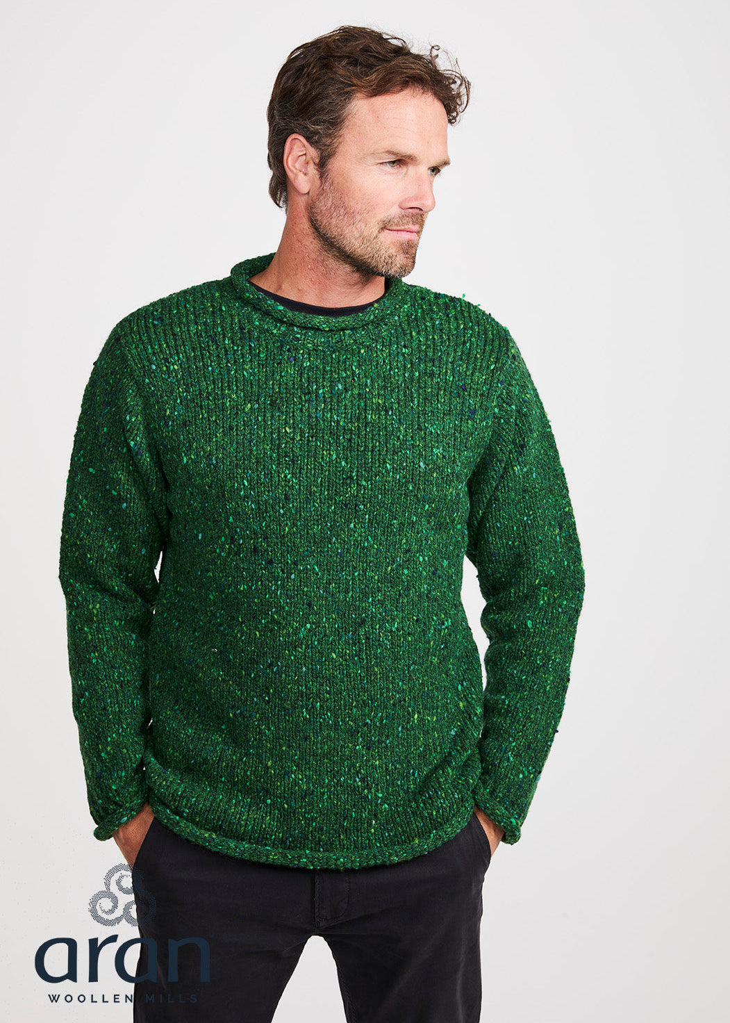 Donegal Roll Neck Fisherman Sweater - Green Fleck | 100% Wool