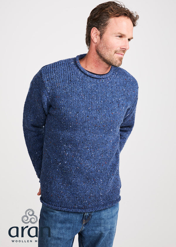 Men's Donegal Roll Neck Fisherman Sweater - Blue Fleck | 100% Pure New Wool
