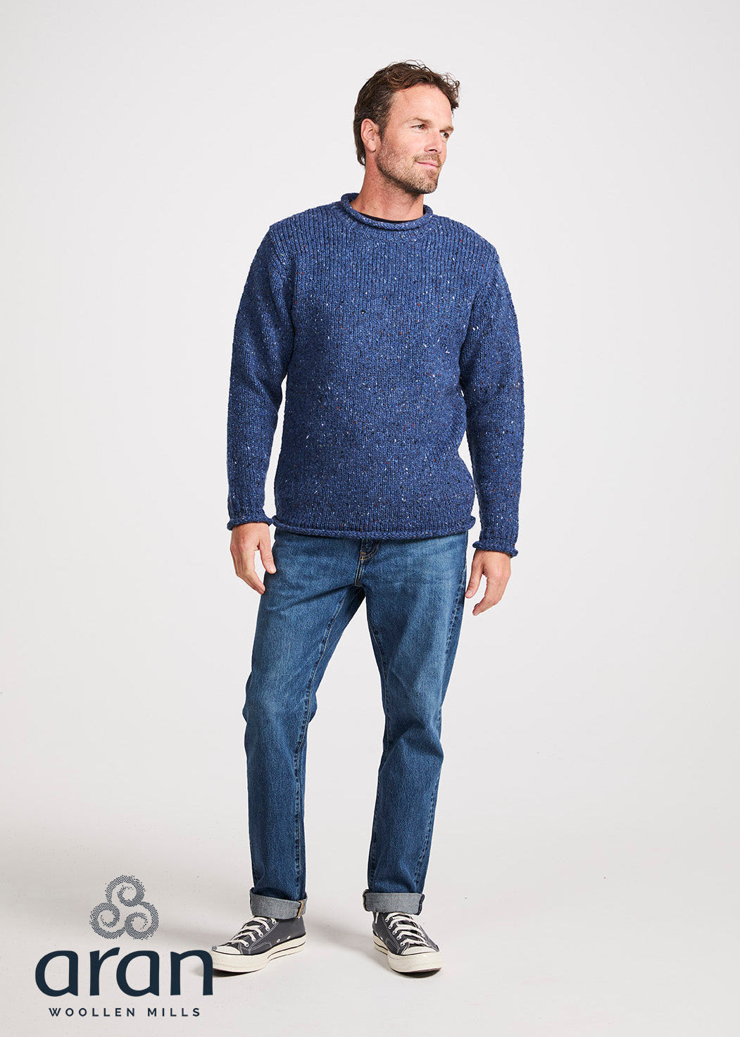 Men's Donegal Roll Neck Fisherman Sweater - Blue Fleck | 100% Pure New Wool