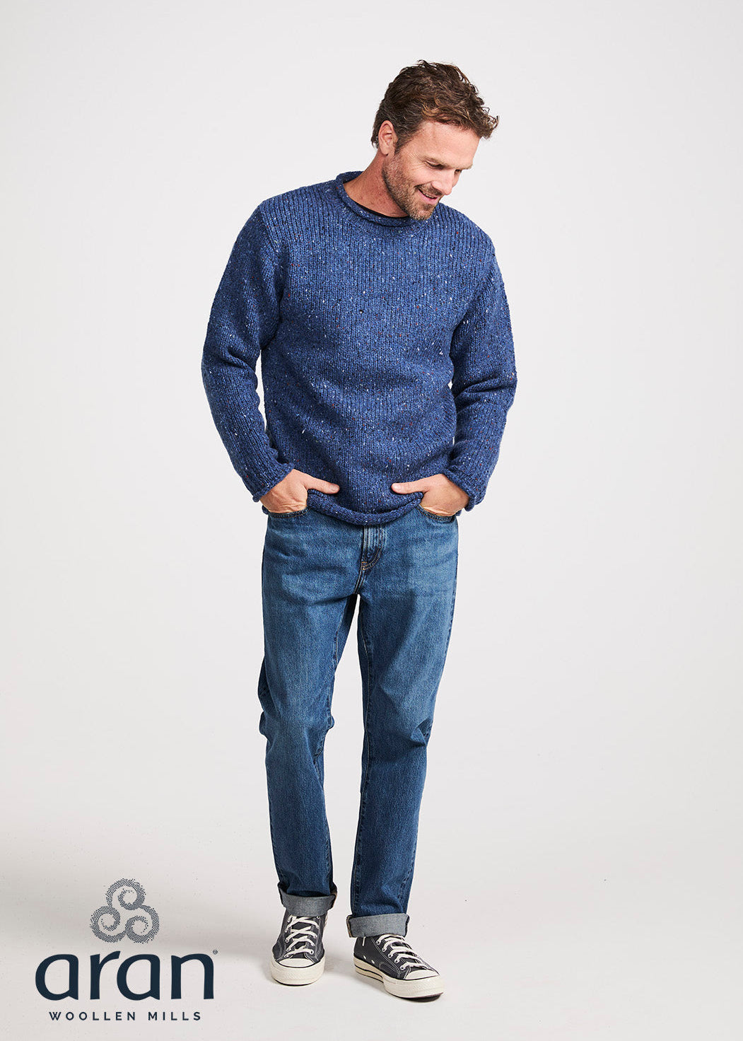 Men's Donegal Roll Neck Fisherman Sweater - Blue Fleck | 100% Pure New Wool