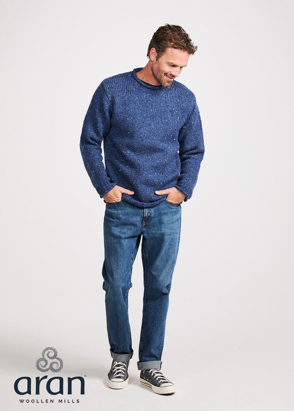 Men's Donegal Roll Neck Fisherman Sweater - Blue Fleck | 100% Pure New Wool