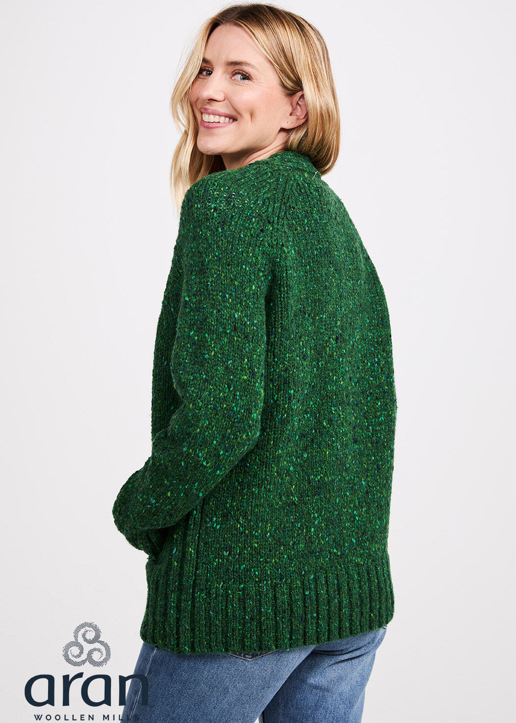 Women's Pure New Wool Tweed Cardigan - Valley Green | Irish Aran Knitwear