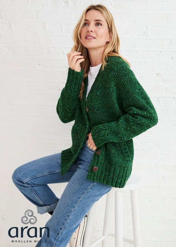 Women's Pure New Wool Tweed Cardigan - Valley Green | Irish Aran Knitwear