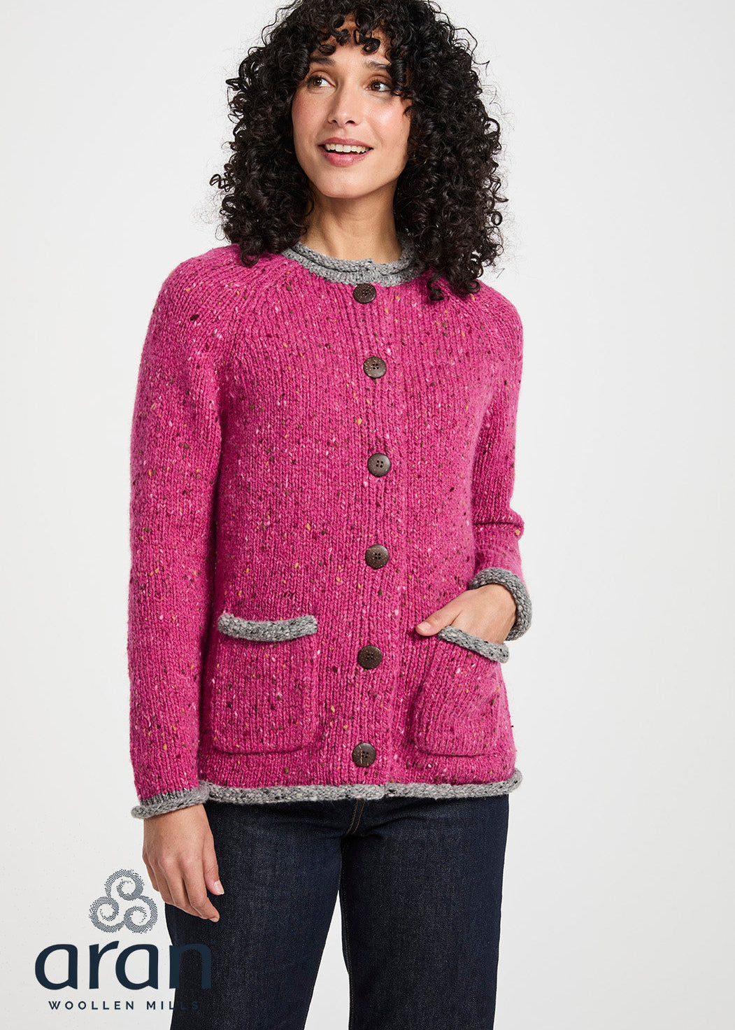 Ladies Raglan Donegal Tweed Cardigan - Pink/Grey