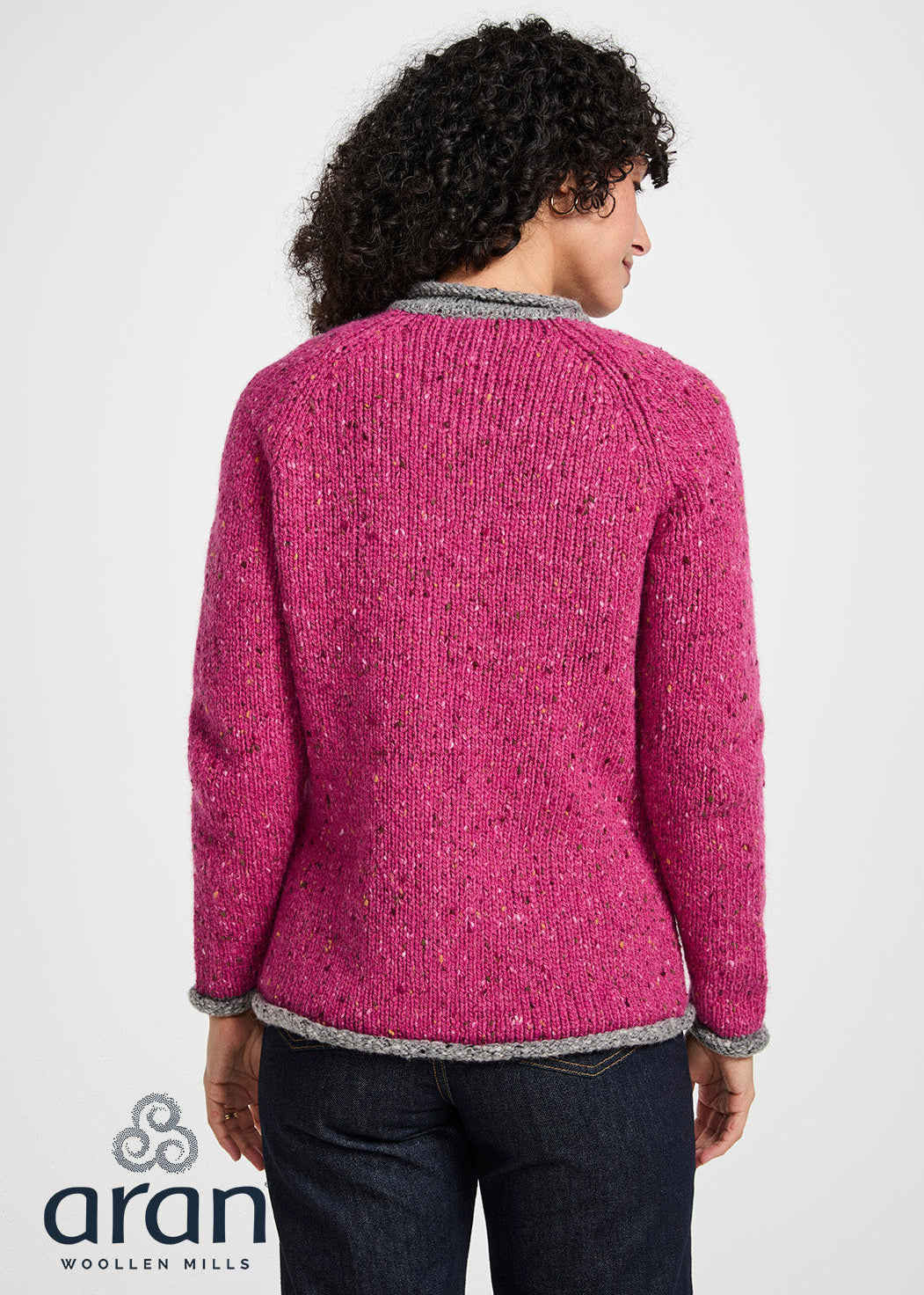Ladies Raglan Donegal Tweed Cardigan - Pink/Grey