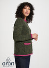 Ladies Raglan Donegal Tweed Cardigan - Green/Pink
