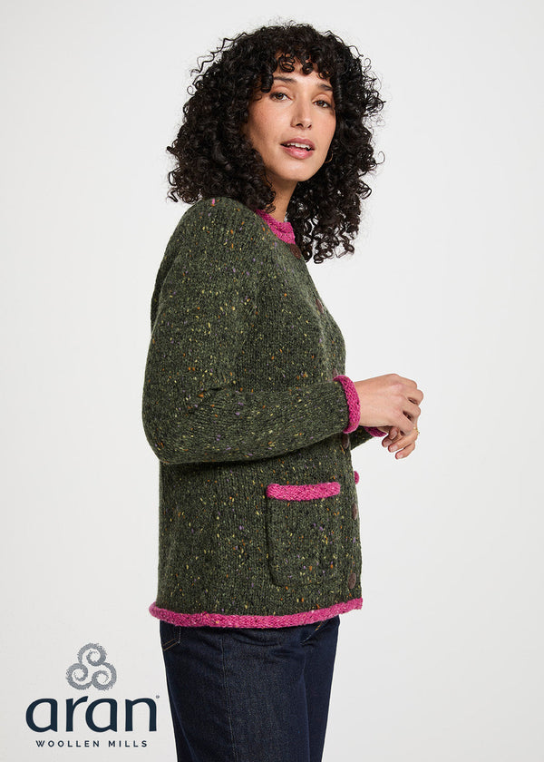 Ladies Raglan Donegal Tweed Cardigan - Green/Pink