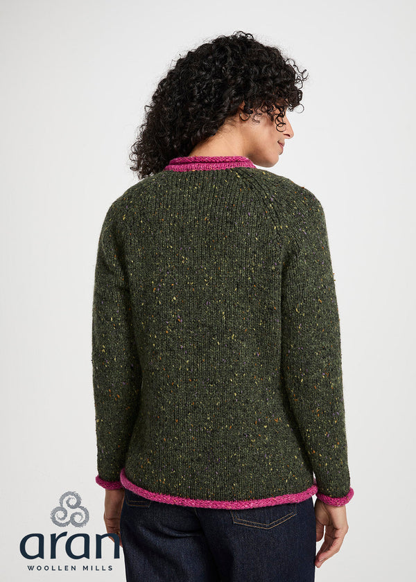 Ladies Raglan Donegal Tweed Cardigan - Green/Pink