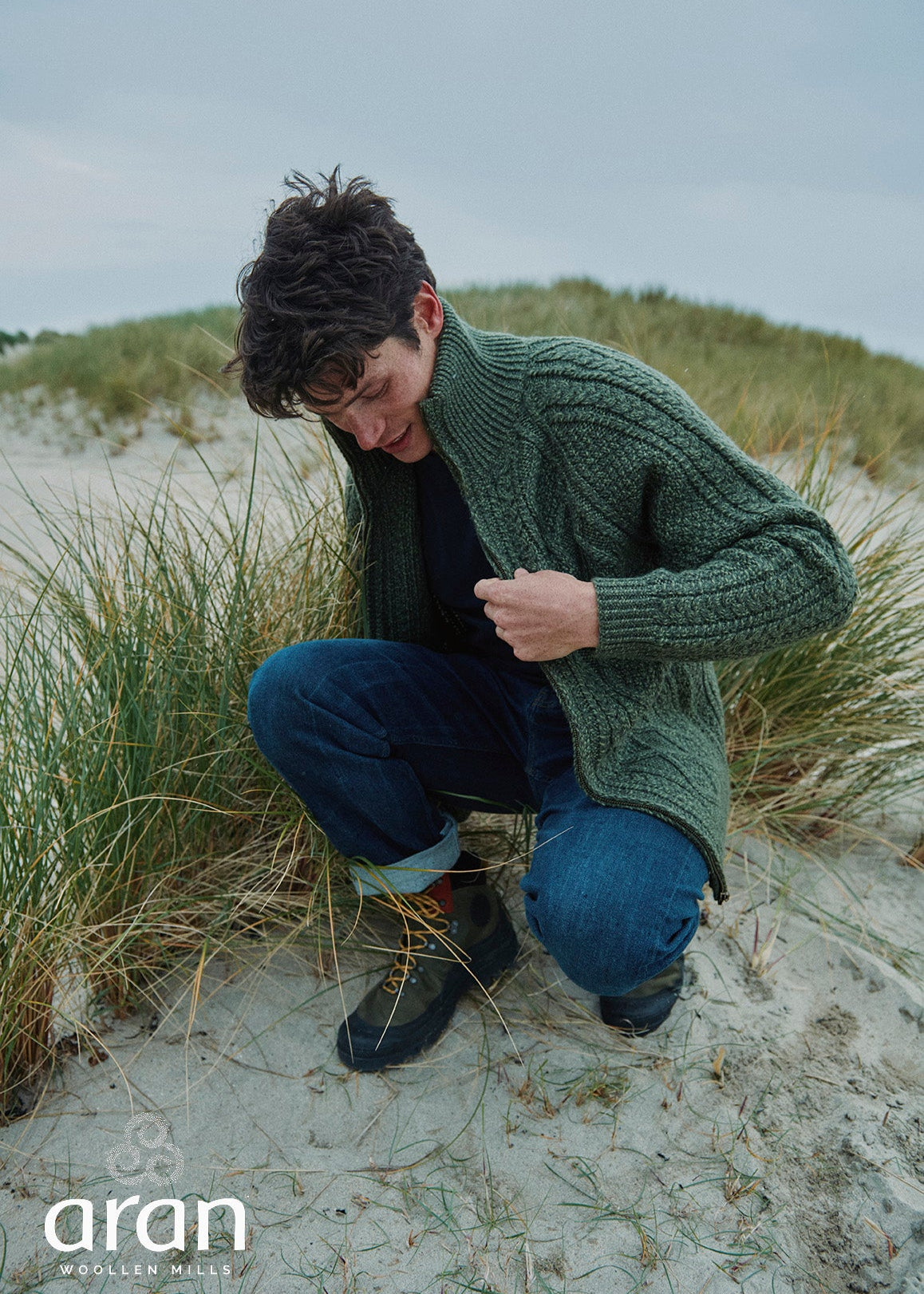 Handknit Men's Aran Cardigan | Green