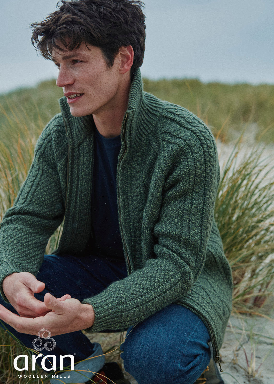 Handknit Men's Aran Cardigan | Green