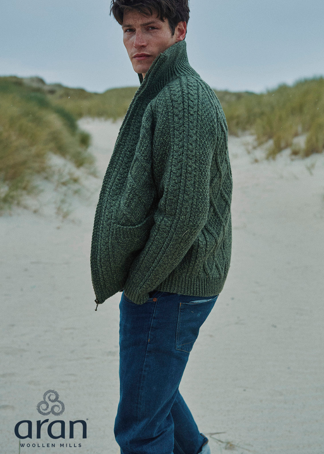 Handknit Men's Aran Cardigan | Green