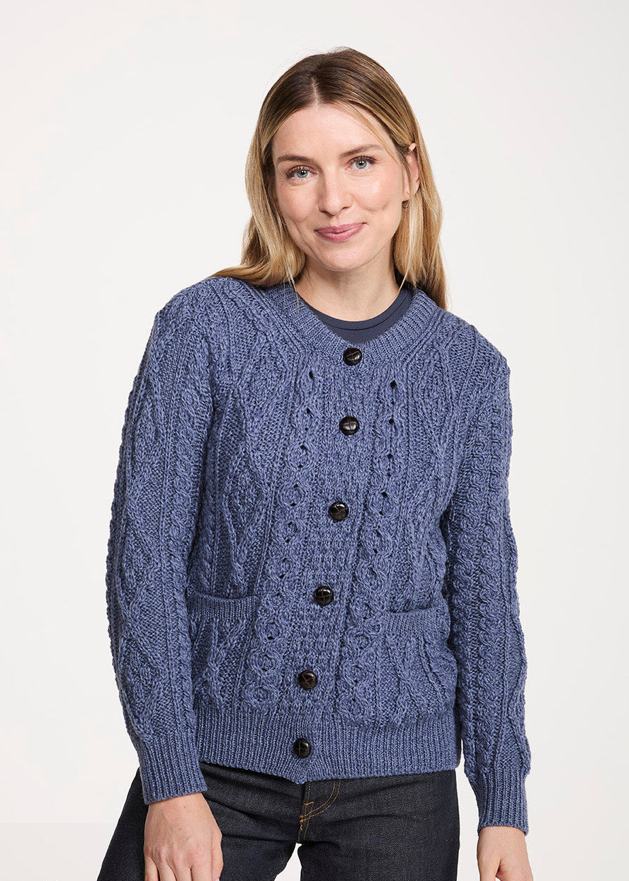Women's Aran Cardigan in Denim Blue 