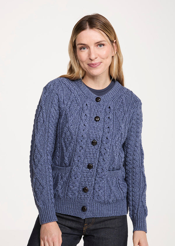 Women's Aran Cardigan in Denim Blue 