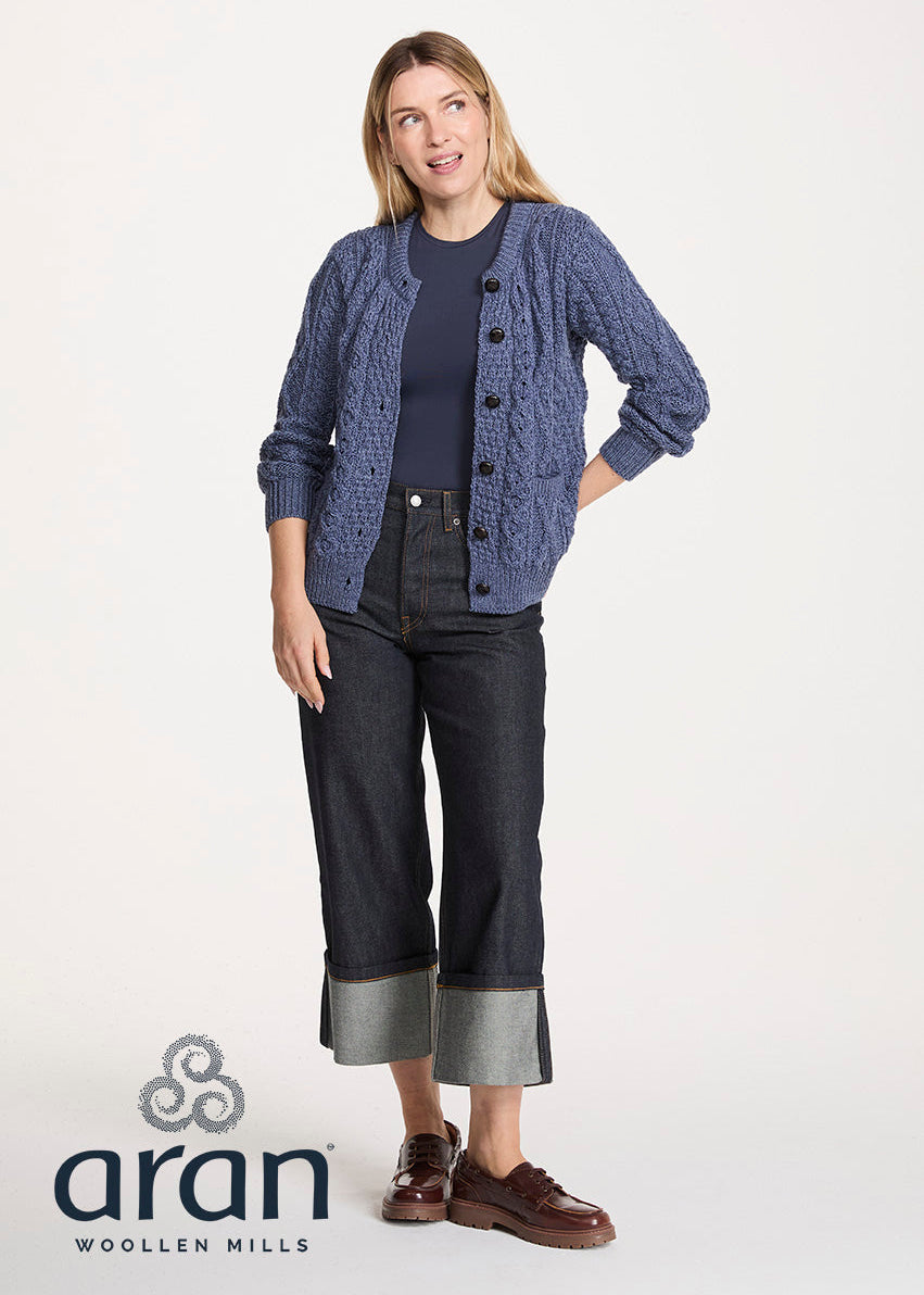 Women's Aran Cardigan in Denim Blue 