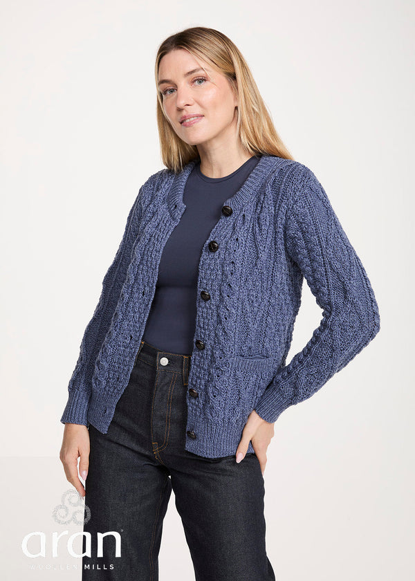 Women's Aran Cardigan in Denim Blue 