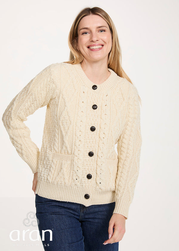 Ladies Aran Cardigan | 100% Wool | Natural