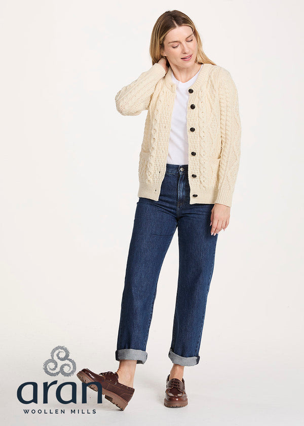 Ladies Aran Cardigan | 100% Wool | Natural