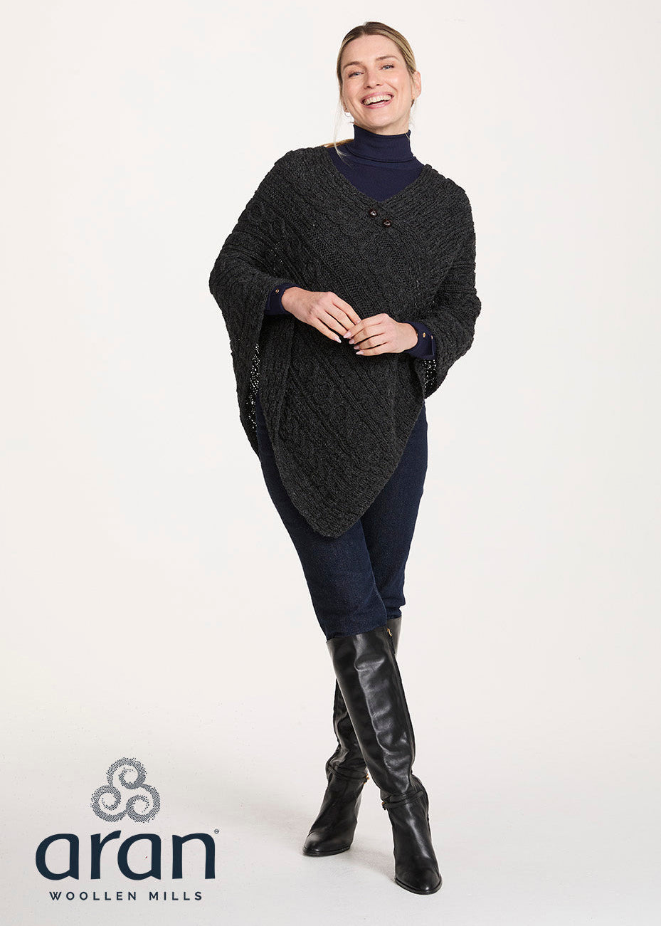 Aran Pure Wool Poncho | Charcoal 