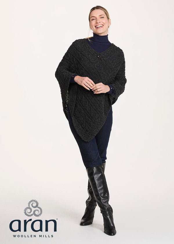 Aran Pure Wool Poncho | Charcoal 