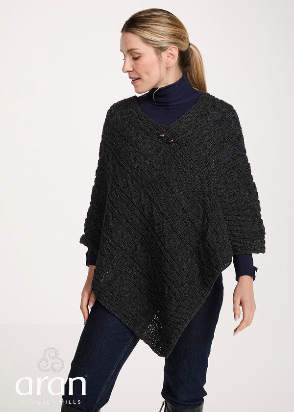 Aran Pure Wool Poncho | Charcoal 