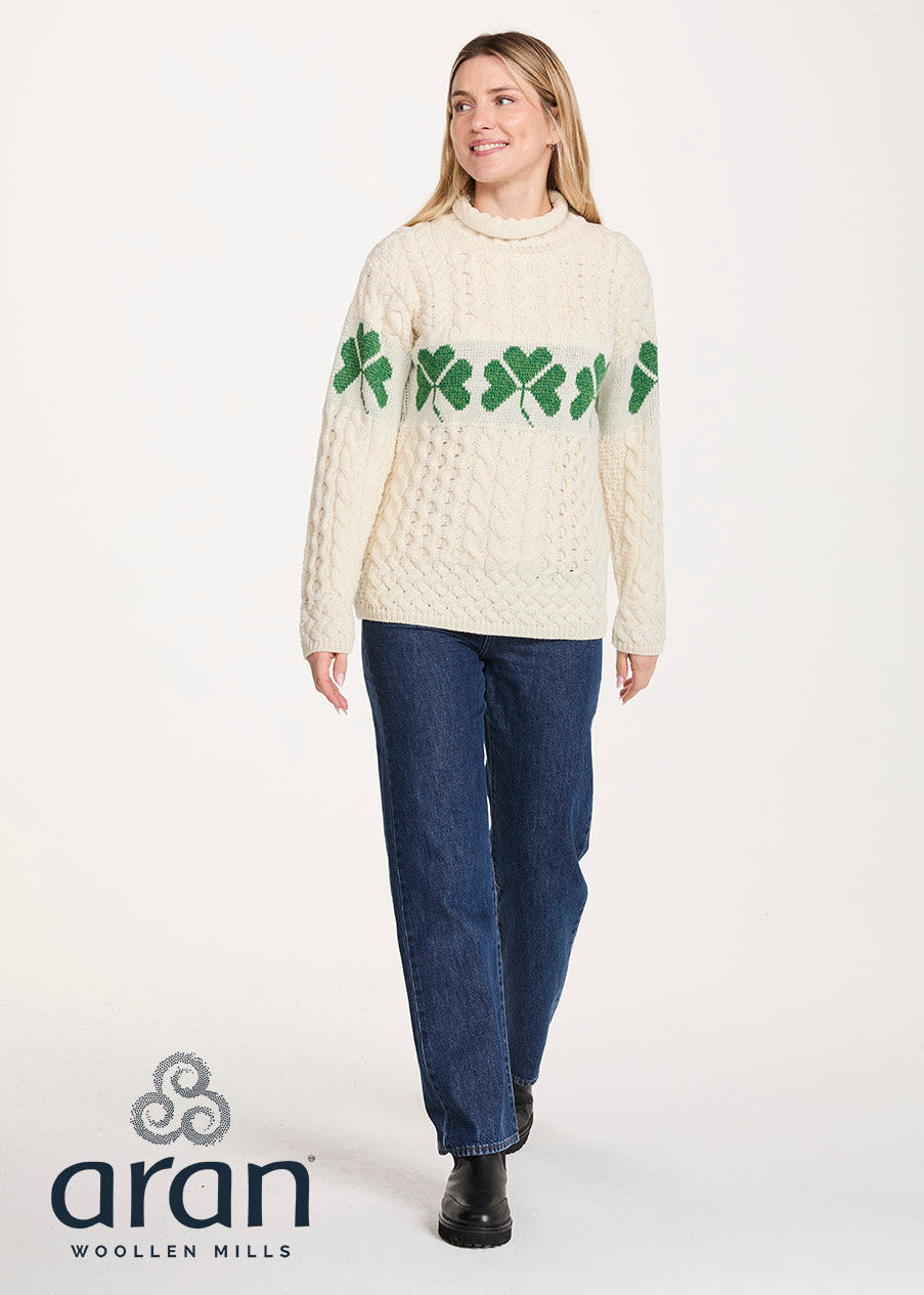 Women's Aran Merino Wool Shamrock Roll Neck Sweater
