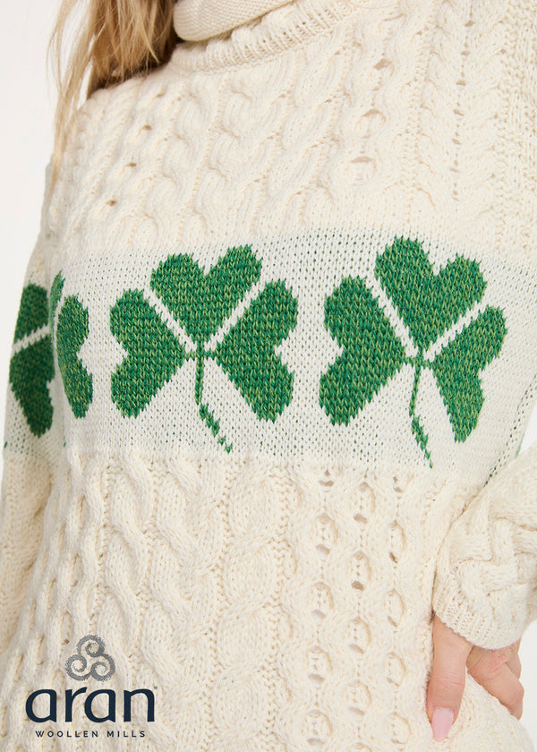 Women's Aran Merino Wool Shamrock Roll Neck Sweater
