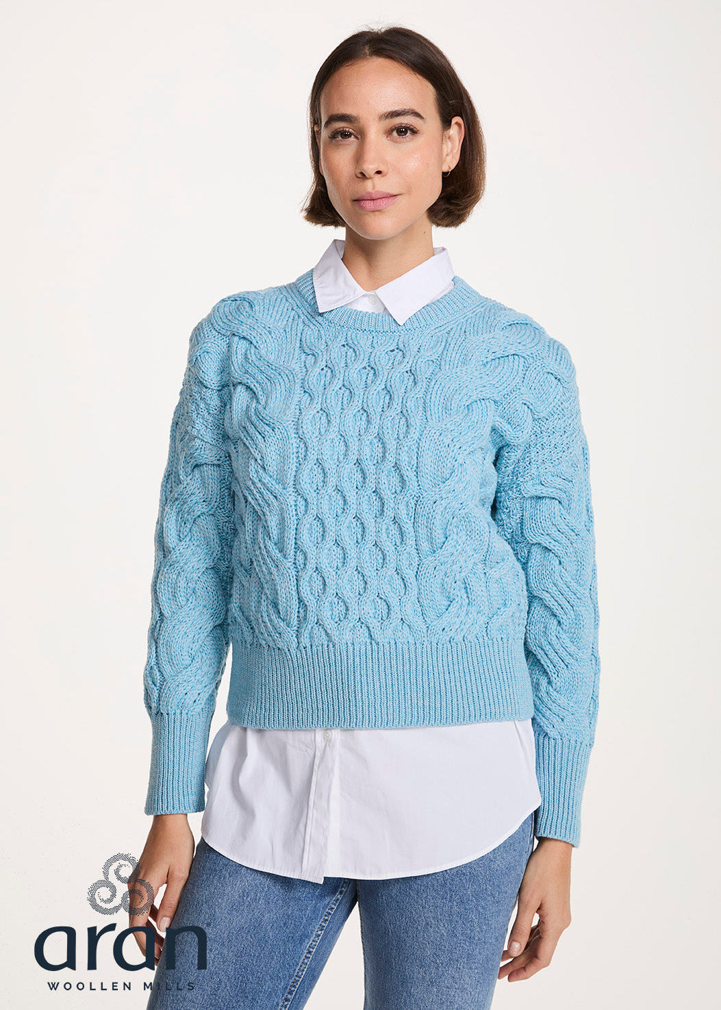 Crop Cable Knit Aran Sweater | Sky Blue