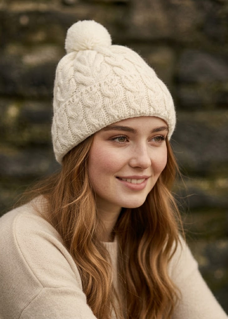 Cable Aran Hat with Pom Pom | Cream