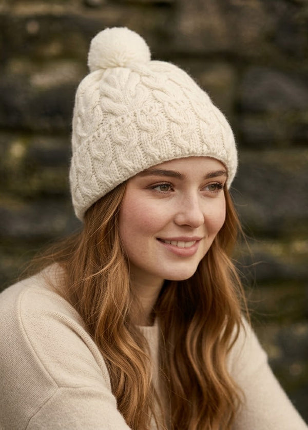 Cable Aran Hat with Pom Pom | Cream