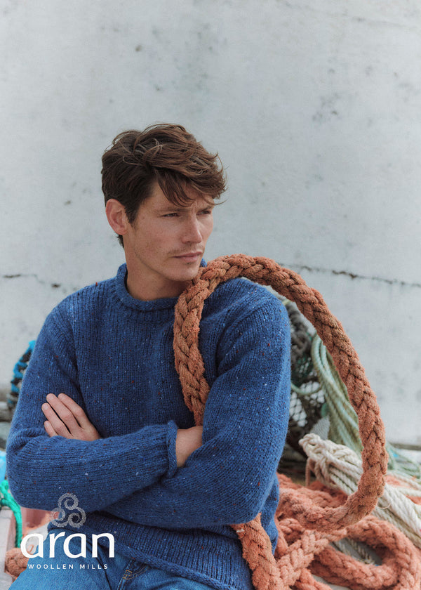 Men's Donegal Roll Neck Fisherman Sweater - Blue Fleck | 100% Pure New Wool