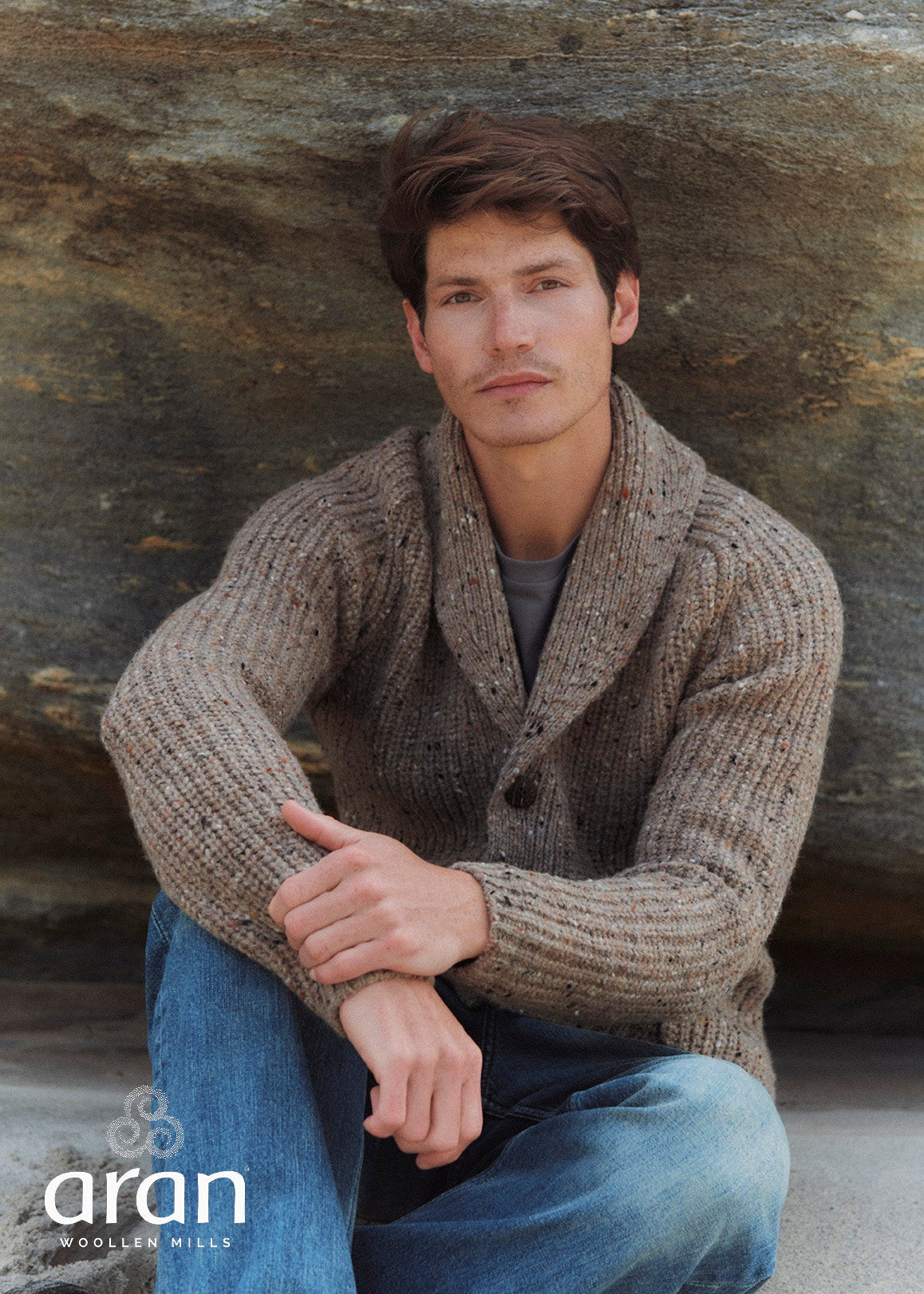 Men's Fisherman Rib Shawl Cardigan | Brown Donegal Wool
