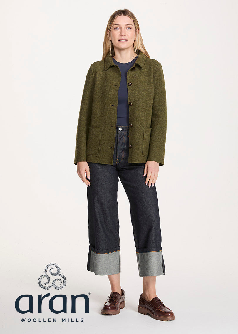 Women's Aran Pure New Wool Jacket | Green - Clearance