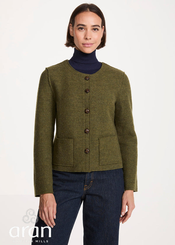 Women's Aran Pure New Wool Cropped Jacket | Green