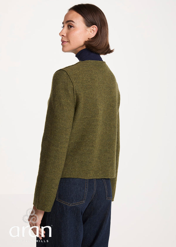 Women's Aran Pure New Wool Cropped Jacket | Green