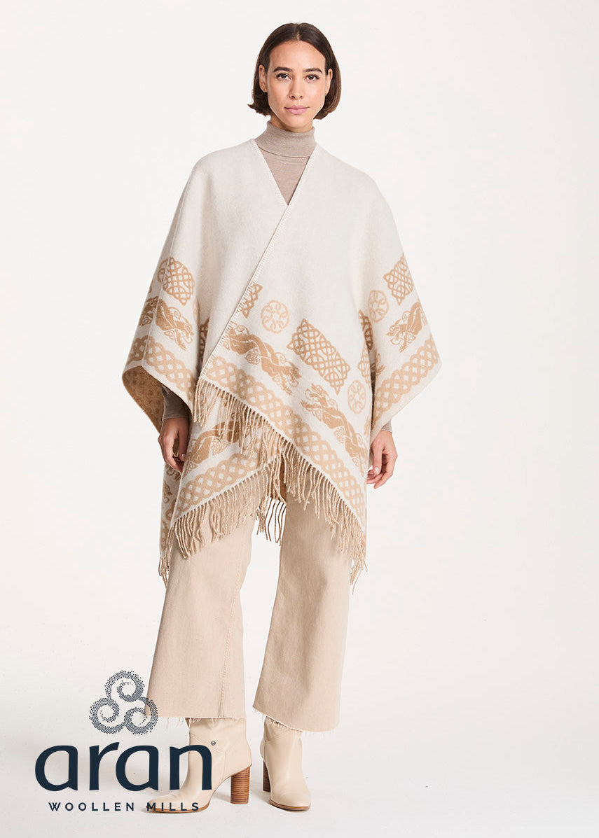 Aran 100% Wool Reversible Celtic Shawl | Natural