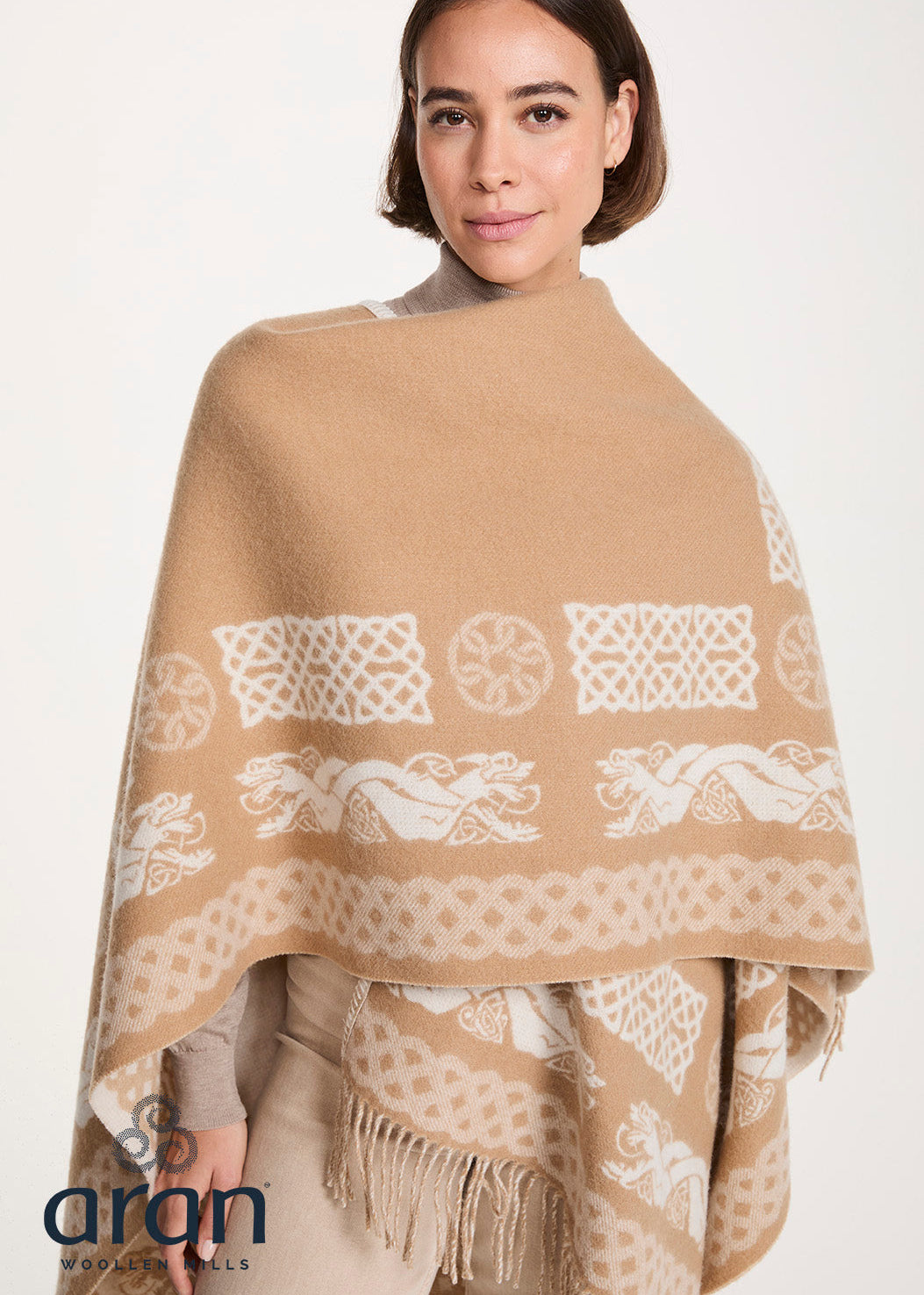 Aran 100% Wool Reversible Celtic Shawl | Natural