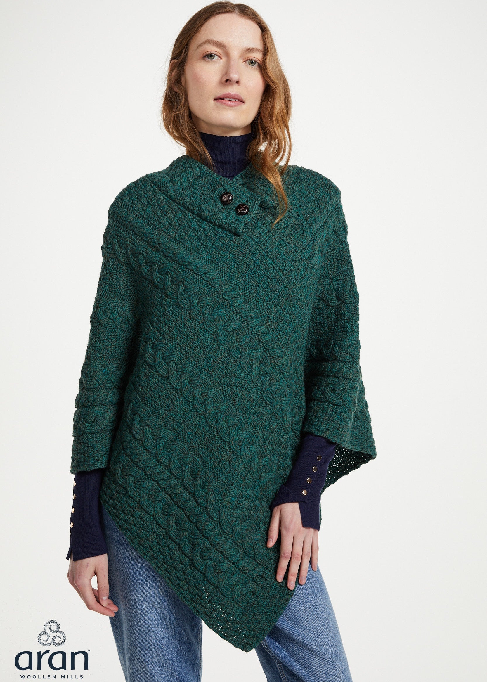 Aran Woollen Mills Cable Knit Poncho – Connemara Green