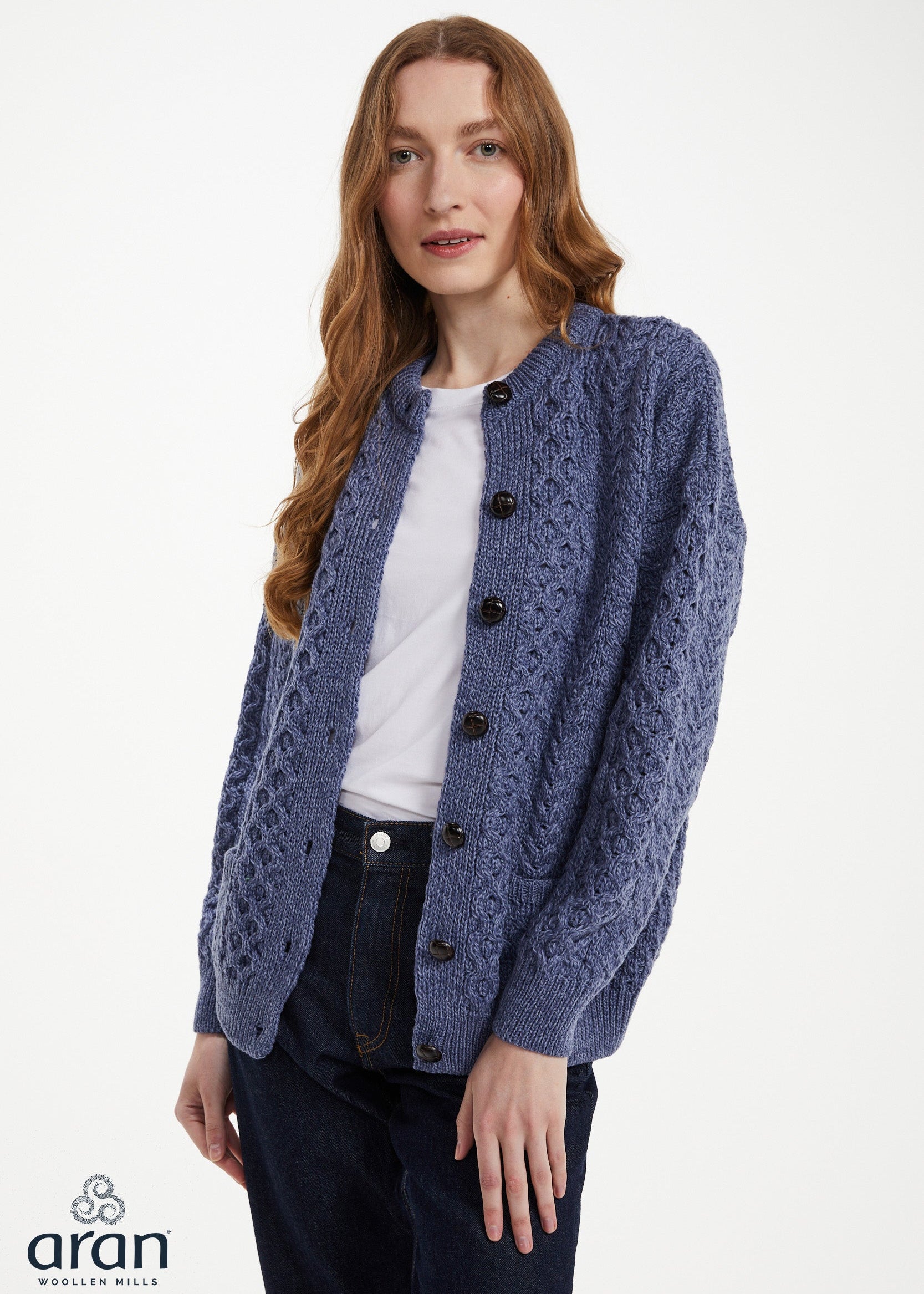 Achill Island Merino Wool Ladies Aran Cardigan | Denim