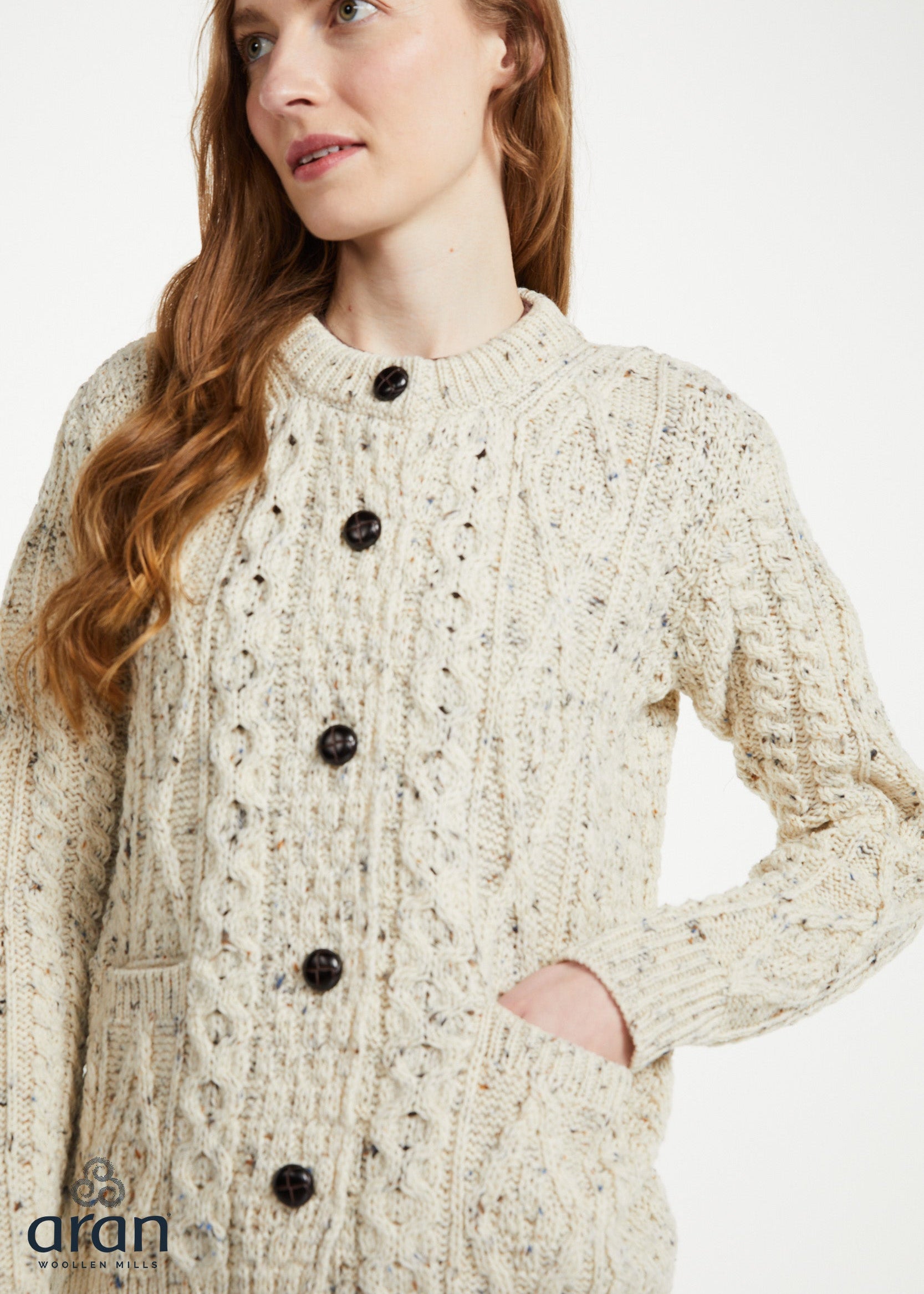 Ladies Aran Cardigan in Flecked Cream | 100% Wool