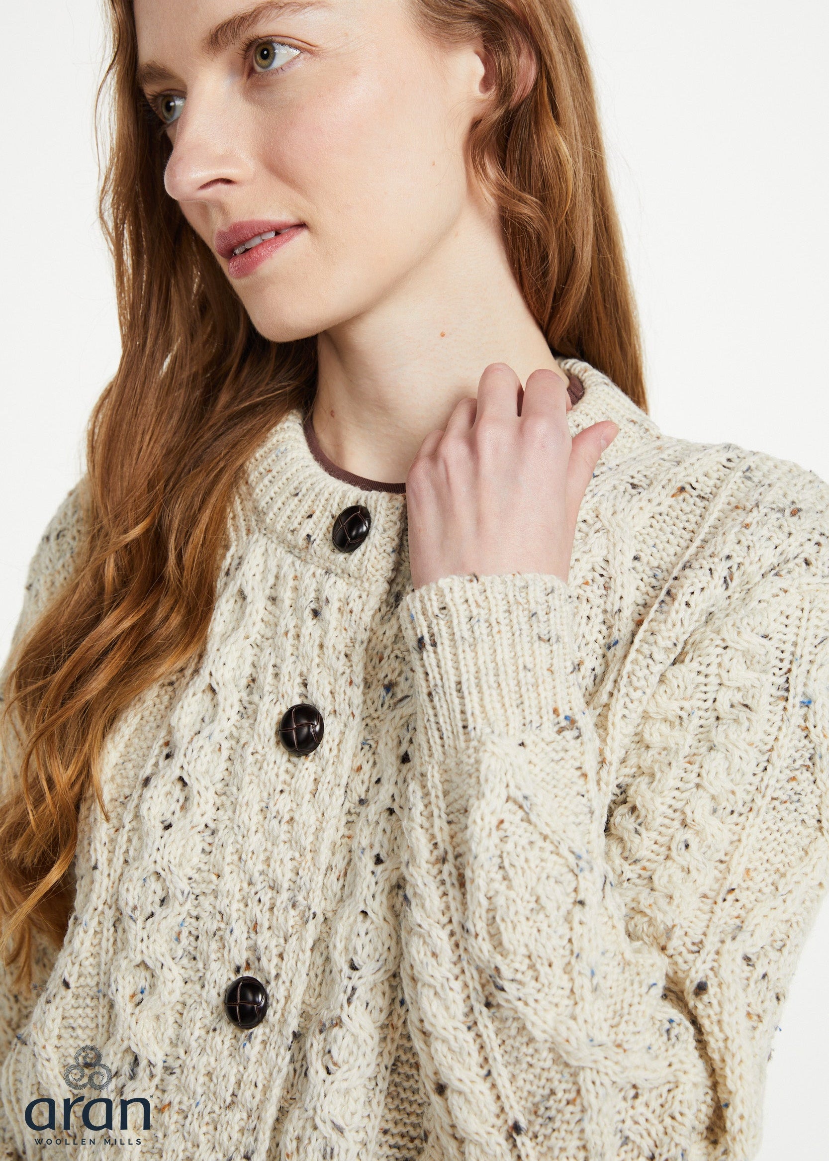 Ladies Aran Cardigan in Flecked Cream | 100% Wool