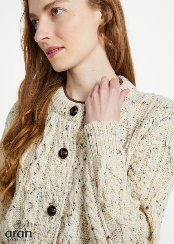 Ladies Aran Cardigan in Flecked Cream | 100% Wool