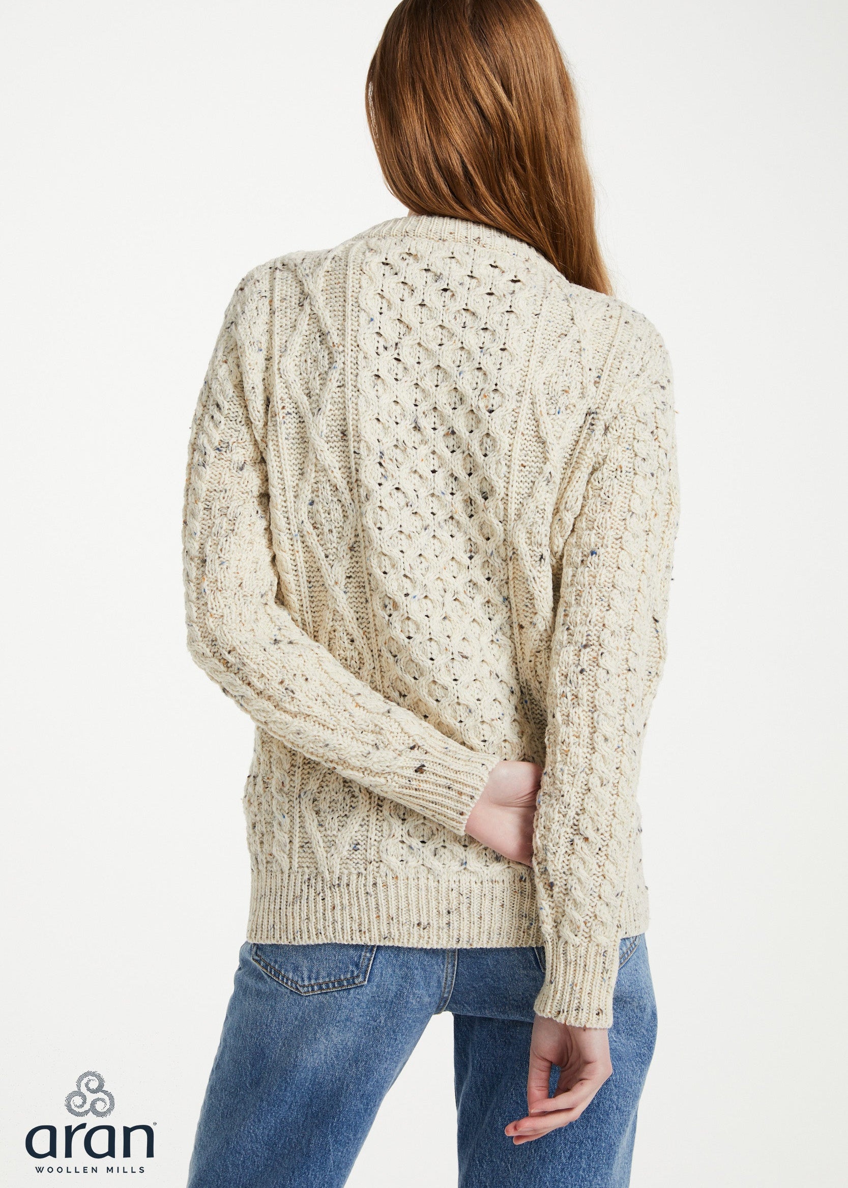 Ladies Aran Cardigan in Flecked Cream | 100% Wool