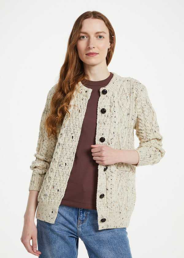 Ladies Aran Cardigan in Flecked Cream | 100% Wool