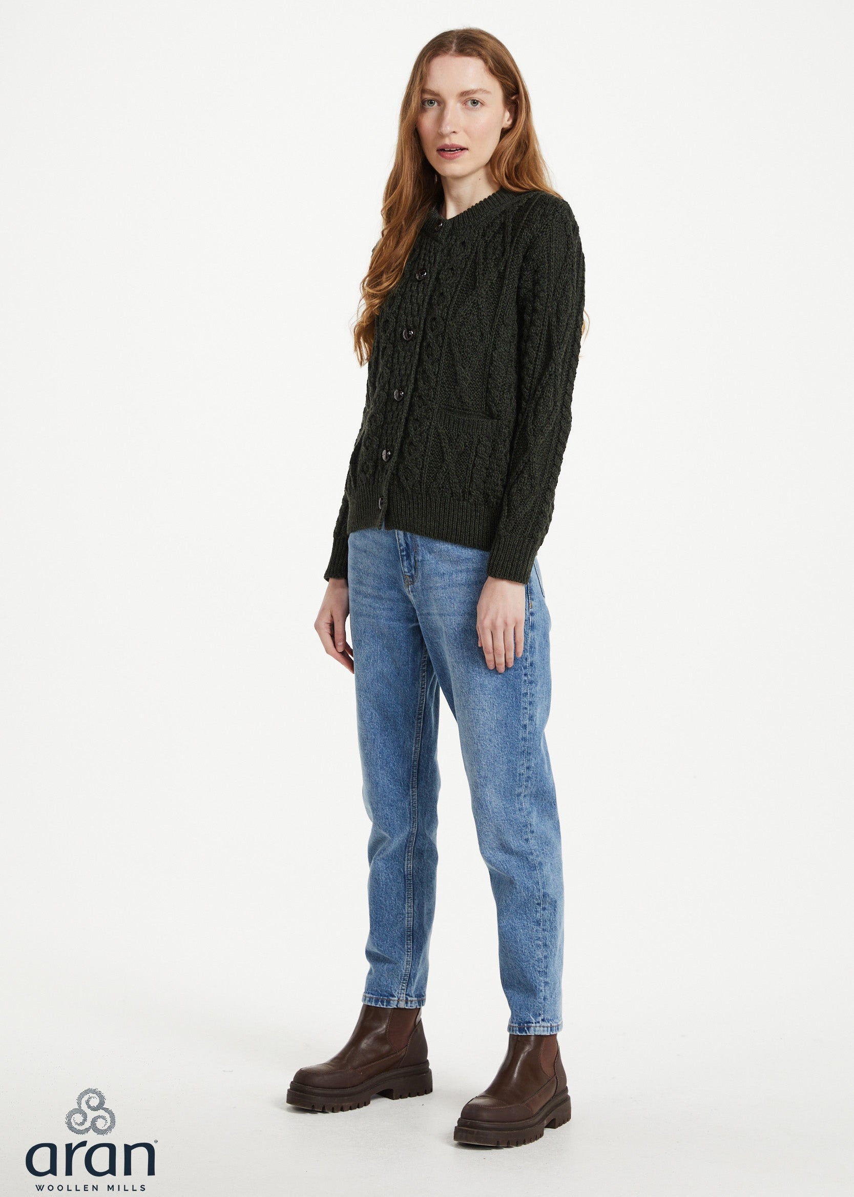 Inagh Ladies Aran Cardigan | Army Green | 100% Worsted Wool