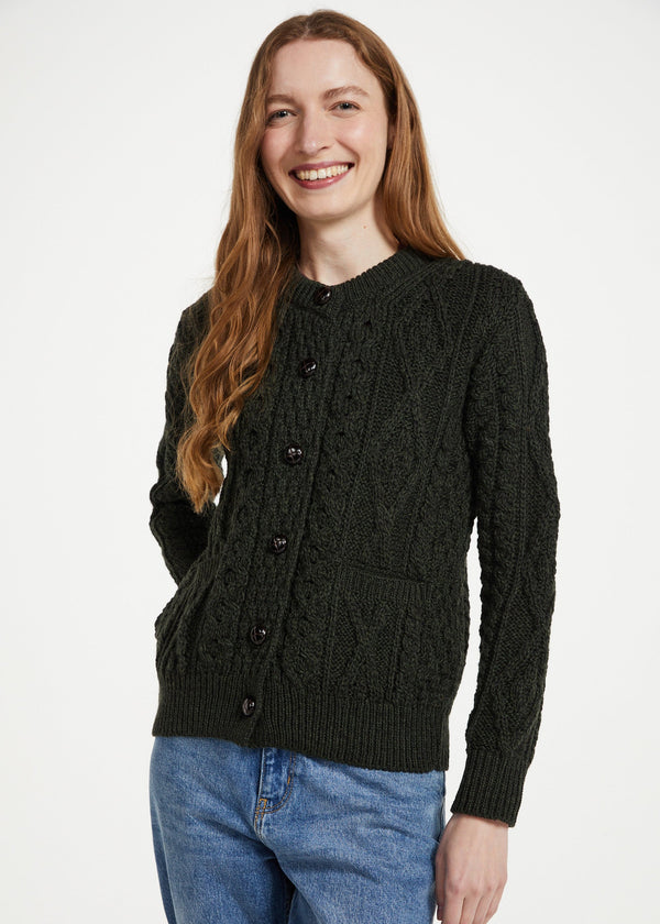 Inagh Ladies Aran Cardigan | Army Green | 100% Worsted Wool
