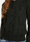 Inagh Ladies Aran Cardigan | Army Green | 100% Worsted Wool