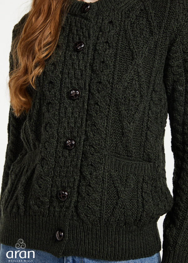 Inagh Ladies Aran Cardigan | Army Green | 100% Worsted Wool
